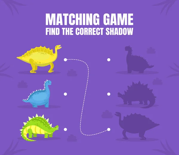 Finden Sie den richtigen Schatten der Dinosaurier Bildung Matching Game für Vorschulkinder Vektor Illustration, — Stockvektor