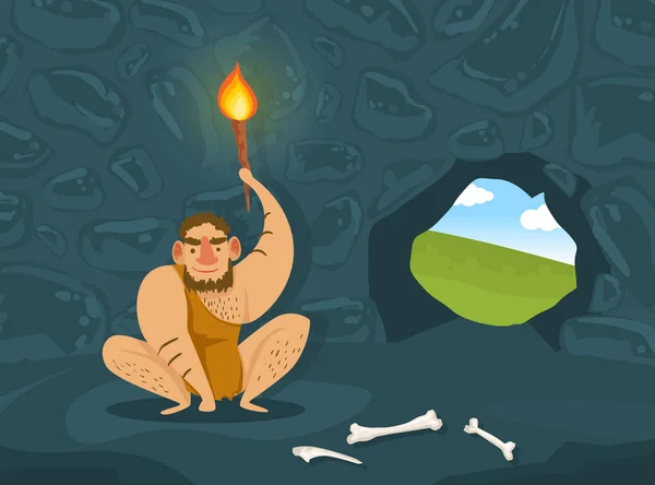 Prehistoric Caveman in Animal Skin Sitting in Dark Cave with Burning Torch, Primitive Man Character Vector Illustration — Stock Vector
