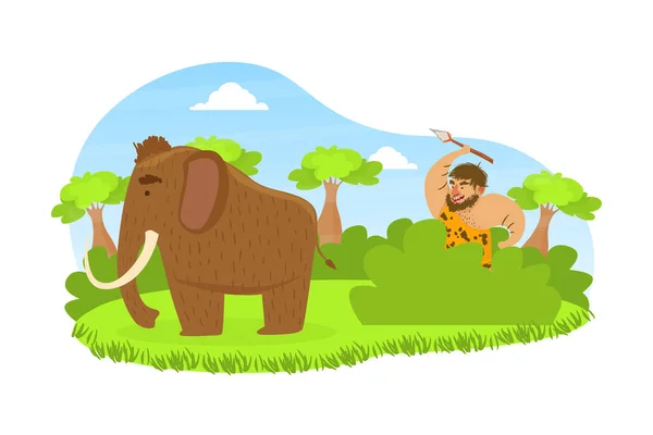 Prehistoric Caveman Sitting in Ambush with Spear, Primitive Man Hunting for Mammoth on Stone Age Natural Landscape Vector Illustration — Stock Vector