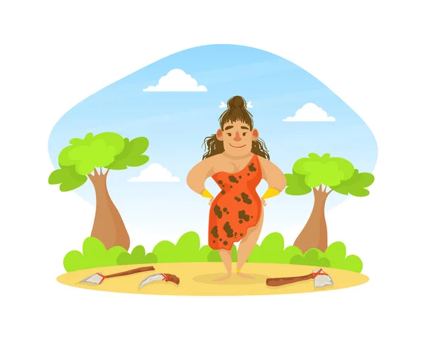 Prehistoric Woman in Animal Skin Standing on Stone Age Natural Landscape, Primitive Tools Lying on Ground in front of Her Vector Illustration — Stock Vector