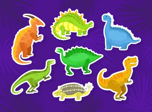 Söta Dinosaurie klistermärken samling, lilla färgglada jura djur vektor Illustration — Stock vektor