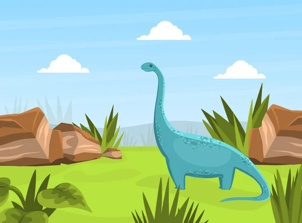 Schattige Dinosaurus op mooi prehistorisch natuurlandschap cartoon vector illustratie — Stockvector