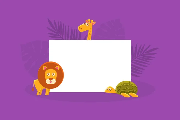 African Animals Holding White Empty Banner, Cute Giraffe, Lion and Turtle with Blank Sign Board Vector Illustration — Stock Vector