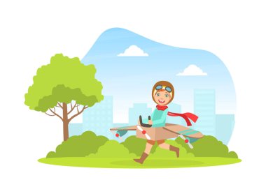 Retro Deri Uçan Miğferli Şirin Çocuk Karton Uçak ile Koşan Çocuk, Havacı Vektör İllüzyonu Çocuk Hayali