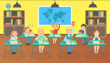 Okul Çocukları Sınıfta Öğreniyor, Küçük Öğrenciler Okul Masasında Oturuyor Ders Vektör İllüzyonu