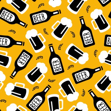 Bira Şişeleri ve Kupalar Kusursuz Şablon, Bira Fabrikası, Bub, Bar, Restoran Tasarım Elemanı Kumaş, Paketleme, Arkaplan Vektör İlülasyonu için kullanılabilir