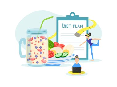 Sağlıklı Yaşam Tarzı, Spor Yapan Minik İnsanlar, Dengeli Beslenme, Sağlıklı Alışkanlıklar, Fitness Eğitimi, Beslenme Düz Vektör İlülasyonu