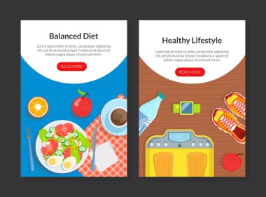 Dengeli Diyet, Sağlıklı Yaşam Tarzı İniş Şablonları Set, Beslenme Planı, Detox Program Mobil Uygulaması, Ana Sayfa Düz Vektör Resimleri