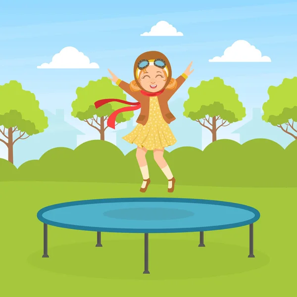 Linda chica saltando en trampolín con casco de vuelo de cuero retro, niño soñando con convertirse en aviador Vector Ilustración — Archivo Imágenes Vectoriales