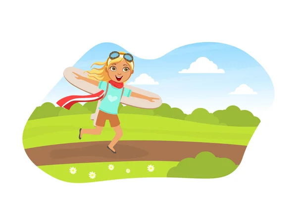 Schattig meisje hardlopen met kartonnen vleugels, kind dromen van vliegenier Vector Illustratie — Stockvector