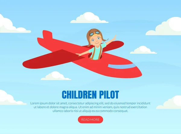 Crianças Pilot Landing Page Template, menino bonito em couro retro voo capacete voo avião como ilustração piloto real vetor — Vetor de Stock