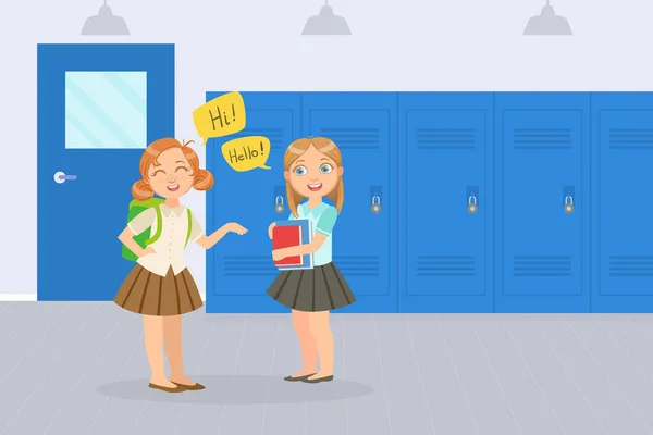 Deux élèves de l'école primaire parlent devant des casiers à l'école Illustration vectorielle — Image vectorielle