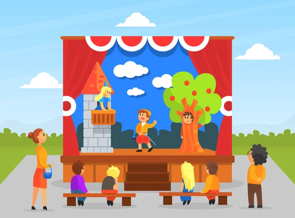 Παιδική Θεατρική Παράσταση, Παιδικοί Ηθοποιοί Παίζουν στη Σκηνή με Κόκκινα Παραπετάσματα και Παραμύθια Κάστρο Εικονογράφηση Διάνυσμα — Διανυσματικό Αρχείο