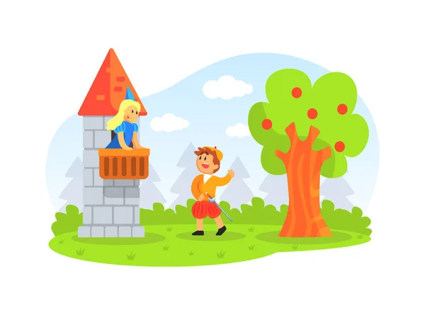 Παιδικοί ηθοποιοί Performing Fairy Tale Show with Castle Scenery, Prince and Princess Vector Illustration — Διανυσματικό Αρχείο