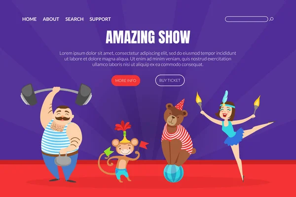 Amazing Show Landing Page Template, Circus Performance Web Page, Mobile App, Homepage Vector Illustration — Stockový vektor