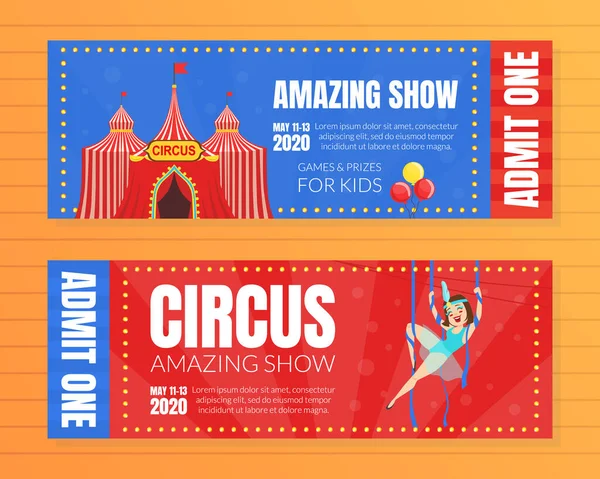 Circus Show Horizontal Tickets Set, Amazing Show for Kids Template Vector Illustration — Stock Vector