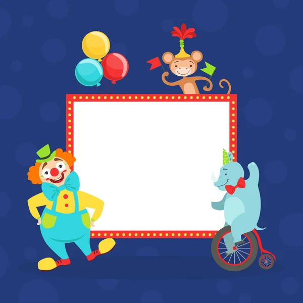 Funny Cheerful Clown and Animals and White Empty Banner, Cute Circus Performers with Blank Sign Board Vector Illustration — Stock Vector