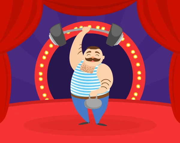 Strongman con Barbell en su mano Actuación en el escenario del espectáculo de carnaval de circo Vector Illustration — Vector de stock