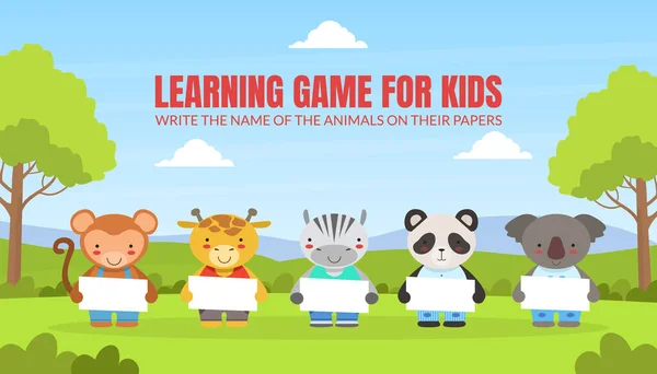 Scrivi il nome degli animali sui loro documenti, imparando il gioco educativo per bambini in età prescolare Illustrazione vettoriale — Vettoriale Stock