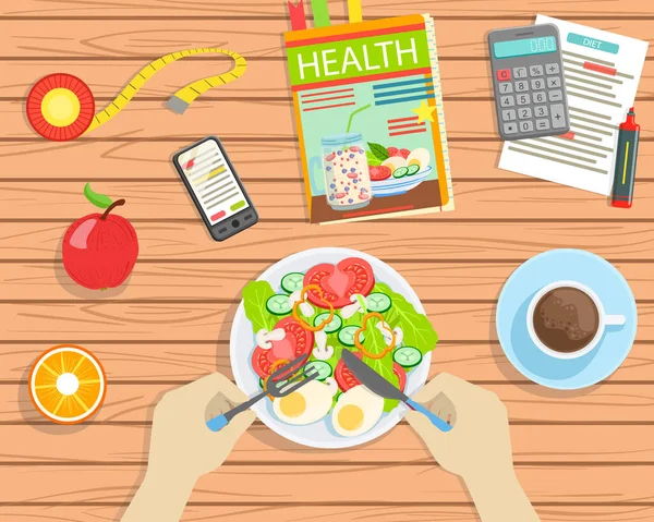 Sağlıklı Dengeli Yemek Yiyen Kişi, Lezzetli Tabaklar, Hesaplayıcı, Kalori Sayacı Düz Vektör İllüstrasyonlu Akıllı Telefon Tahta Masa Görünümü — Stok Vektör