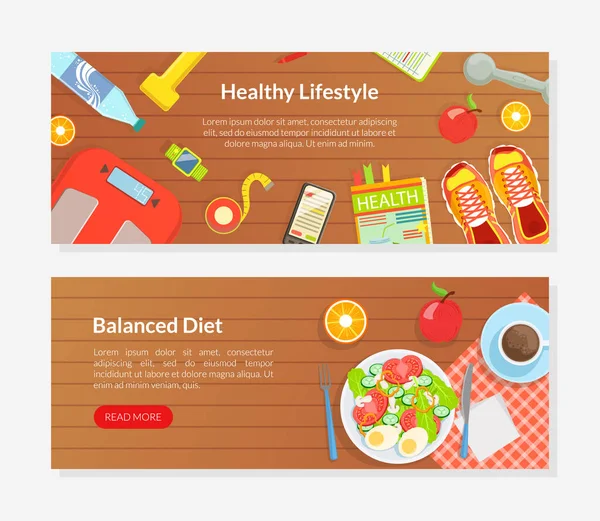 Zdrowy styl życia, Zrównoważona dieta Landing Page Templates Set, Program diety, Zdrowe jedzenie Konsultacja Aplikacja mobilna, Strona główna Flat Vector Ilustracja — Wektor stockowy