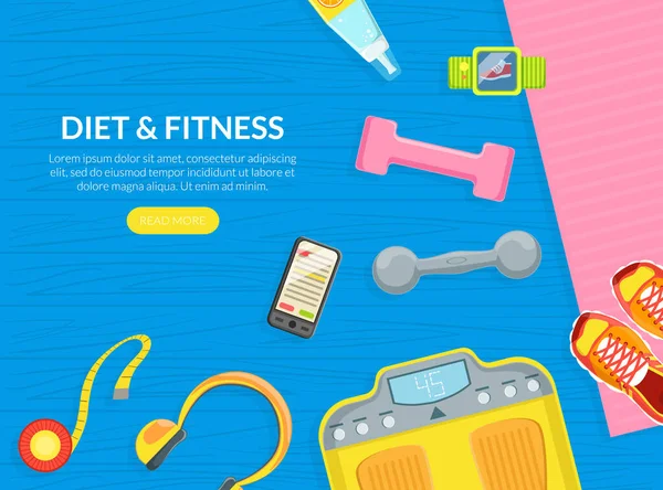 Δίαιτα και Fitness Landing Page Πρότυπα Set, Υγιεινός τρόπος ζωής και την κατανάλωση Mobile App, Αρχική Σελίδα Flat Vector Εικονογράφηση — Διανυσματικό Αρχείο