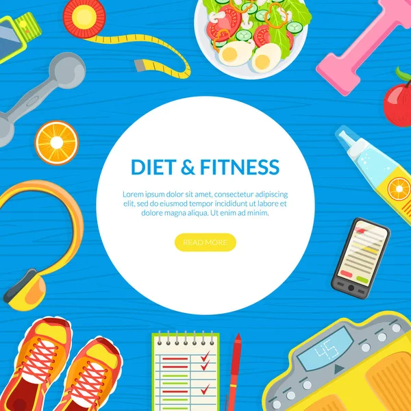 Δίαιτα και Fitness Landing Page Πρότυπο, Ενεργός τρόπος ζωής και υγιεινής διατροφής Mobile App, Αρχική Σελίδα Flat Vector Εικονογράφηση — Διανυσματικό Αρχείο