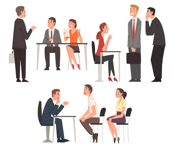 Personen, die ein Vorstellungsgespräch mit HR-Spezialisten führen, Rekrutierungs- und Arbeitsvermittlungsprozess, Auswahl der Kandidatenvektorillustration — Stockvektor