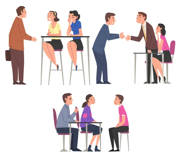 People Having Job Interview with HR Specialists Set, Business Meeting, Recruitment and Employment Service Vector Illustration — Stock Vector