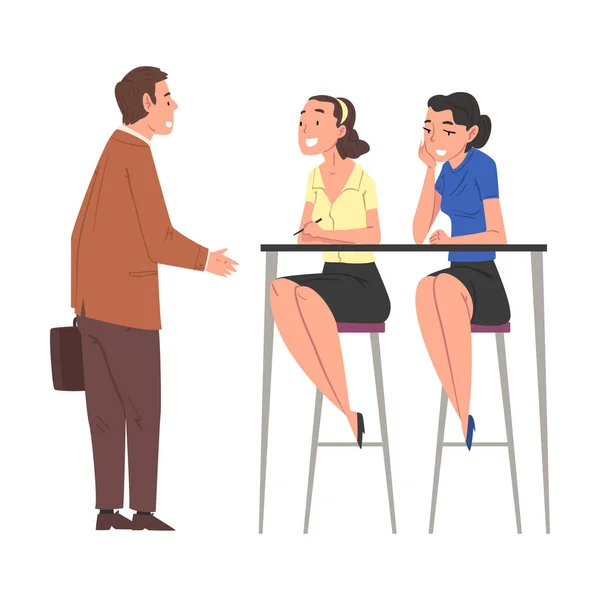 Man having Job Interview, Girls Talking with Candidate, Recruitment and Employment Service Process Vector Illustration (dalam bahasa Inggris) - Stok Vektor