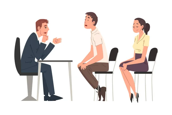 Gerentes de Recursos Humanos entrevistando a candidatos, hombres y mujeres jóvenes teniendo una entrevista de trabajo en la Agencia de Headhunting, Reunión de Negocios, Reclutamiento y Proceso de Empleo Vector Illustration — Vector de stock