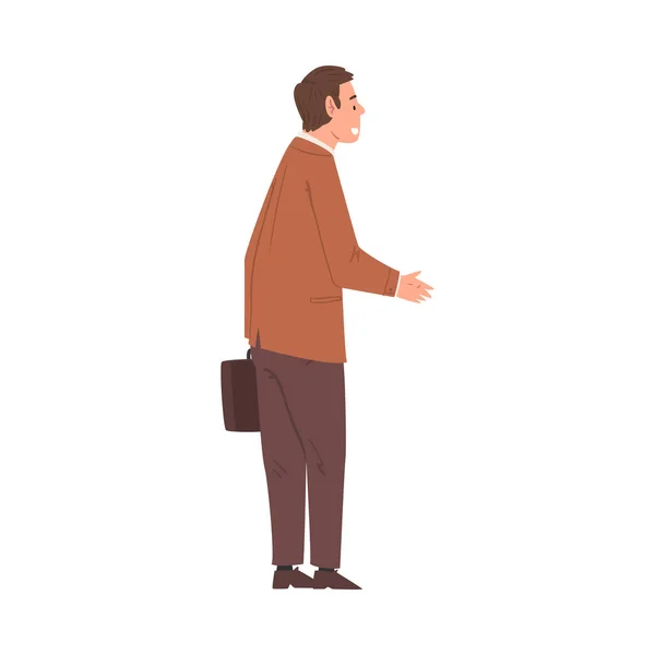 Empresário de terno de pé e alongamento mão para Handshake Vector Ilustração — Vetor de Stock