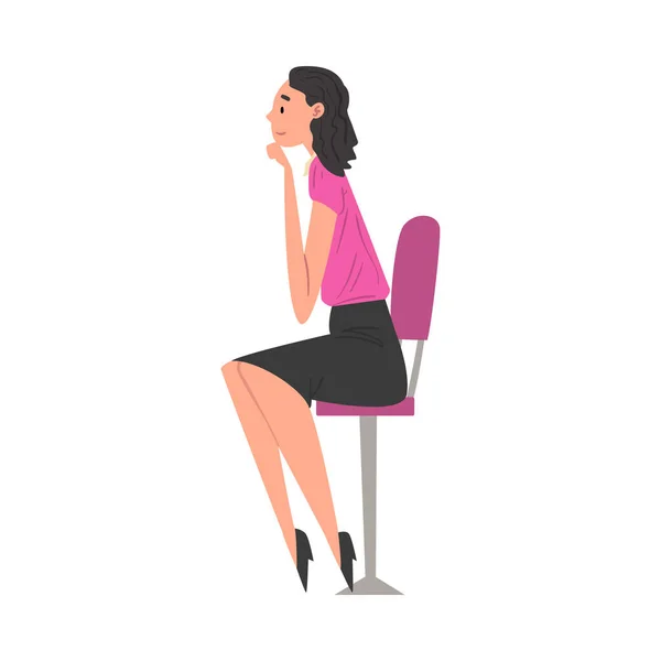 Chica sentada en silla, Persona femenina teniendo entrevista de trabajo, Vista lateral Vector Ilustración — Archivo Imágenes Vectoriales