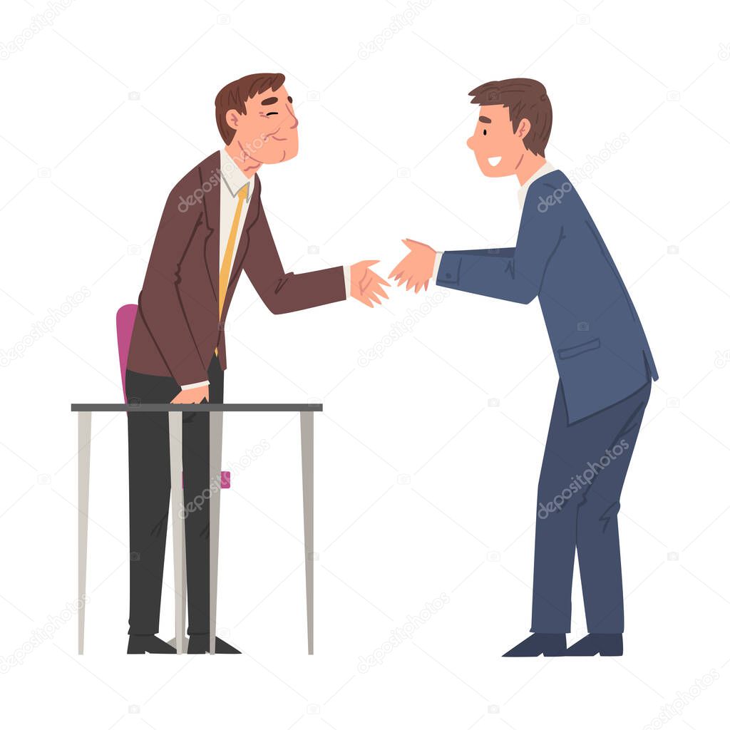 Business Meeting, Two Businessmen in Suits Handshaking and Communicating Vector Illustration
