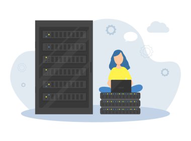 Sunucu Odasında Bilgisayarla Çalışan Genç Kadın Programcı, Sunucu Vektör Resimlerini İzleyen Kadın Sistem Yöneticisi