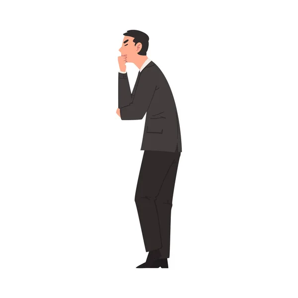 Uomo d'affari riflessivo in giacca e cravatta in piedi e mano sul mento, illustrazione vettoriale vista laterale — Vettoriale Stock