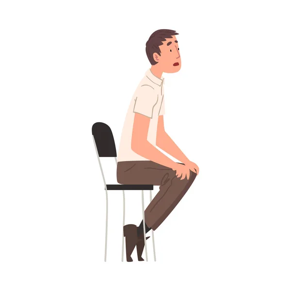 Hombre joven sentado en silla, persona que tiene entrevista de trabajo, vista lateral Vector Ilustración — Archivo Imágenes Vectoriales