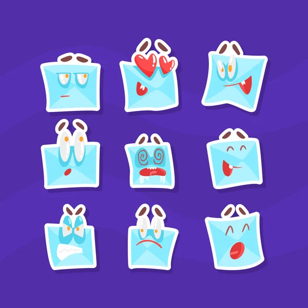 Carino Buste Personaggi con varie emozioni, Mail Letters Emojis Adesivi Vector Illustration — Vettoriale Stock
