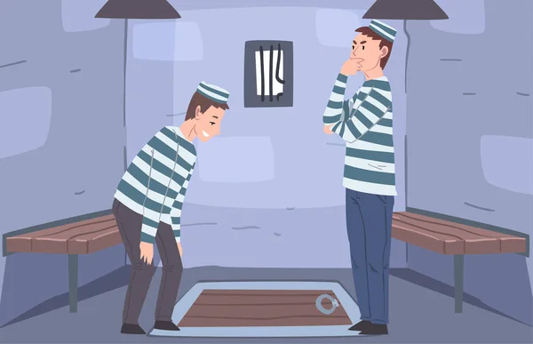 Intérieur de la salle d'évacuation, Reality Quest with Two Men Prisoners Locked in Room and Looking for Escape Vector Illustration — Image vectorielle