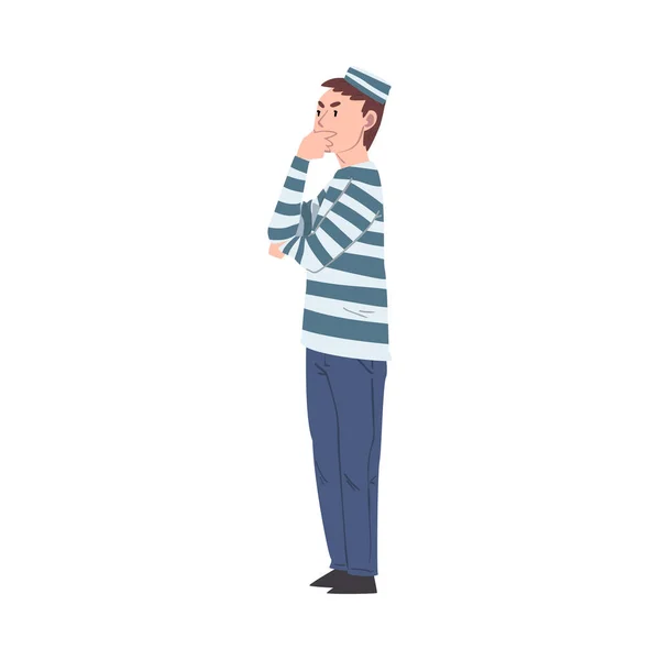 Personnage de prisonnier masculin réfléchi dans les vêtements rayés, l'homme jouant à la quête de la réalité Illustration vectorielle du jeu — Image vectorielle