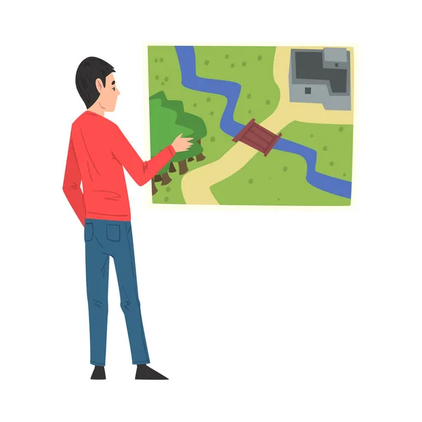 젊은이 - 지도로 벽을 보고 있는 사람, 퀘스트 리얼리티 게임 Vector Illustration — 스톡 벡터