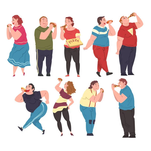 La gente gorda alegre que come el sistema de la comida rápida, hombres y mujeres obesos alegres que gozan de la comida chatarra, dieta y estilo de vida poco saludables, ilustración positiva del vector del concepto del cuerpo — Vector de stock