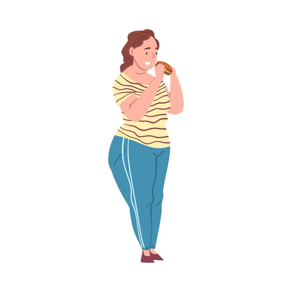 Plumpe Frau isst Burger, Plus-Size-Frau genießt Fast-Food-Gericht, ungesunder Lebensstil Vektor Illustration — Stockvektor