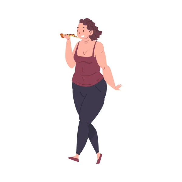 Donna sorridente grassoccio mangiare pizza, Plus Size Donna godendo di piatto fast food, Illustrazione vettoriale stile di vita malsano — Vettoriale Stock