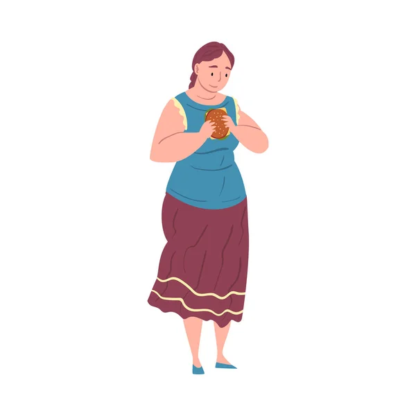 Usmívající se Plump žena jíst hamburger, plus velikost žena těší z nevyžádané potraviny, nezdravý životní styl vektorové ilustrace — Stockový vektor