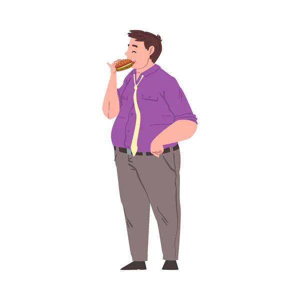 햄버거 를 먹는 뚱뚱 한 사람, 순종적 인 사람, 패스트푸드를 즐기는 사람, 건강에 좋지 않은 식사와 생활 방식 의 벡터 예를 드십시오. — 스톡 벡터