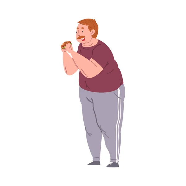 Giovane grasso che mangia hamburger, persona obesa che gode del piatto del fast food, della dieta malsana e dell'illustrazione vettoriale di stile di vita — Vettoriale Stock