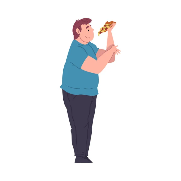Joven gordo comiendo pizza, vista lateral del chico obeso disfrutando del plato de comida rápida, dieta poco saludable e ilustración de vectores de estilo de vida — Archivo Imágenes Vectoriales