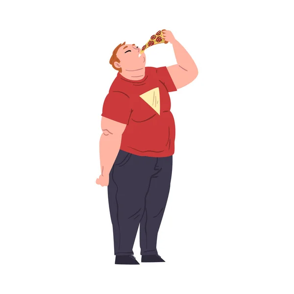 Fat Man Eating Pizza, Obese Guy Enjoying of Fast Food Dish, Unhealthy Diet and Lifestyle Vector Illustration — Stock Vector