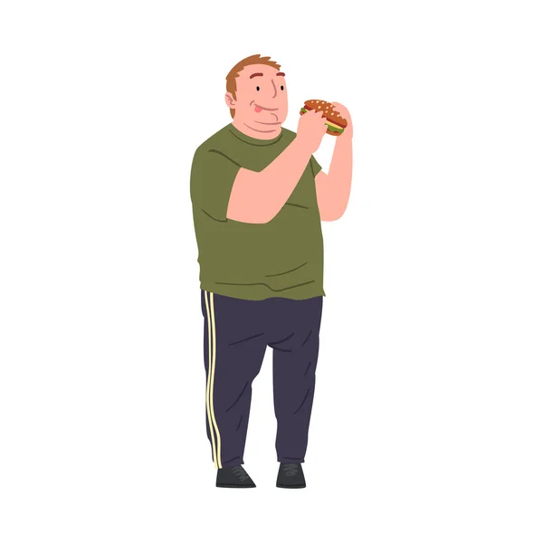 Šťastný tuk mladý muž jíst hamburger, obézní osoba v ležérní oblečení těší z rychlého občerstvení nádobí, nezdravá strava a životní styl vektorové ilustrace — Stockový vektor
